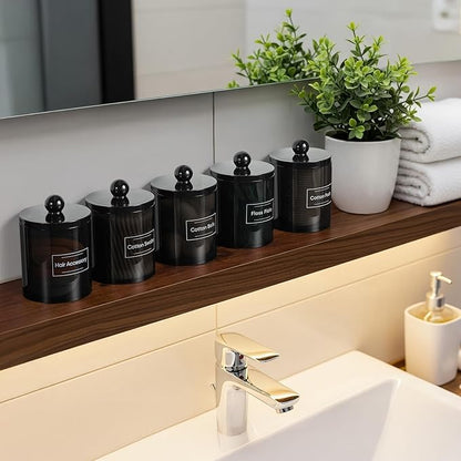 6 Pack Acrylic Qtip Holder Dispenser for Cotton Swabs, Balls, Pads, Floss Picks- Clear Plastic Canister Apothecary Jar Set, Bathroom Essentials Accessories Decor Vanity Makeup Storage Organizer -Black
