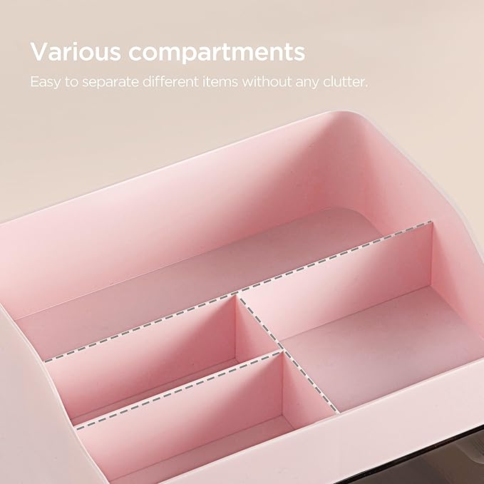 HBlife Makeup Organizer for Vanity with 2 Drawers, Large Plastic Bathroom Countertop Cosmetics Organizer Skin Care Storage, Easy to Store Lipsticks, Nail Polishes, Perfumes, Eyeshadow Palettes, Pink