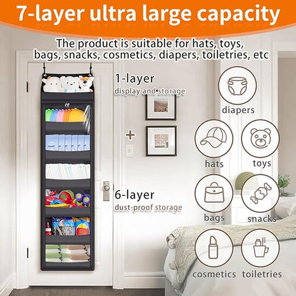 Toread 7-Layer Door-Mounted Baseball Cap Organizer, Dust-Proof Hat Rack Holds 90 Hats, Adjustable Non-Slip Hooks, Multi-Purpose Organizer for Nursery, Bathroom, Bedroom - Patented Design（black）
