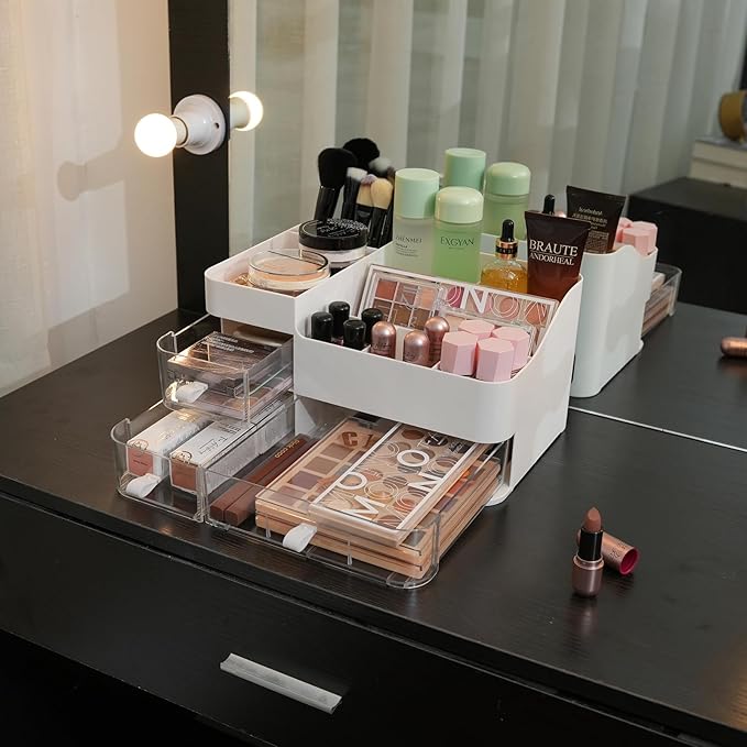 KLGO Makeup Organizer and Storage Cosmetic Display Case With 3 Clear Drawers Skincare Organizer for Bathroom Make Up Stand for Vanity Lipsticks, Jewelry, Nail Care, Eyeshadow, Skincare