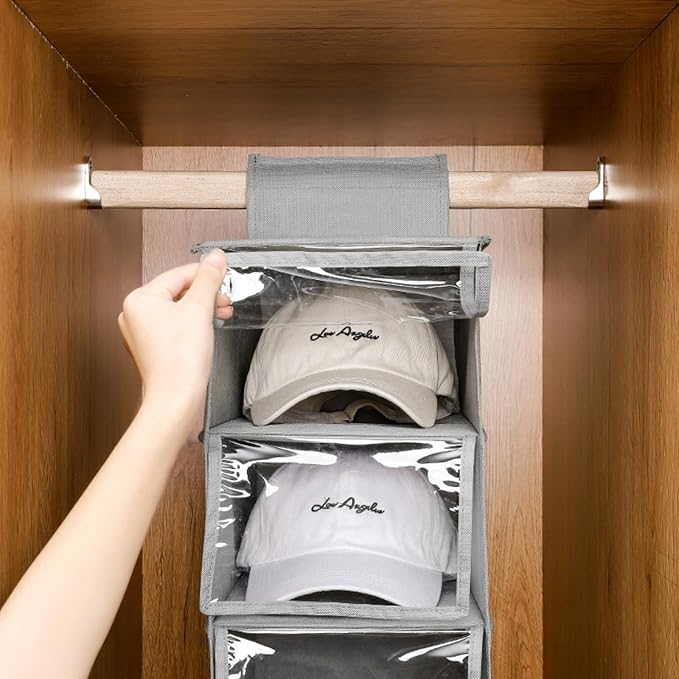 Hat Organizer Hanger, Hat Rack for Baseball Caps, Hanging Closet Organizer with 10 Pockets & Cover, Foldable Hat Storage Hanger Holder for Closet, Shelf (Black)