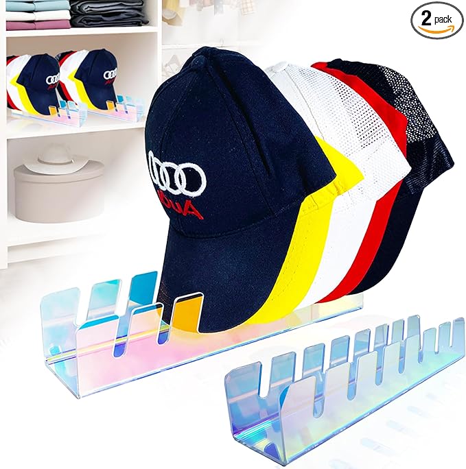 2-Pack Acrylic Hat Racks For Baseball Caps | Hat Storage for Baseball Caps, Closet Shelf Organizer, Bedroom, Dresser, Office – Dazzling + Rainbow (Multi-Color) baseball hat organizer Not for wall
