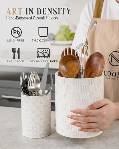 Nucookery Utensil Holder, Extra Large Ceramic Utensil Crock for Kitchen Counter, Stable Spatula & Flatware Organizer, Farmhouse Embossed Kitchen Decor, Set of 2 (Checkered)
