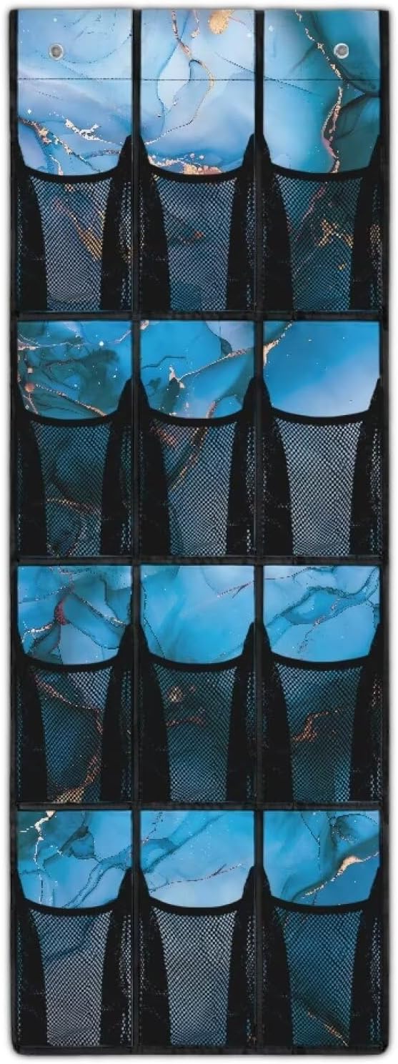 12 Large Mesh Pockets Blue Marble Print Over the Door Shoe Organizer Sturdy Oxford Fabric Hanging Shoe Rack for Closet Organizers and Storage