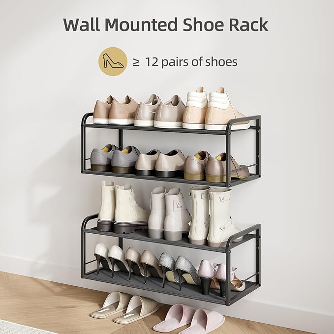2 Pack Wall Mounted Shoe Rack, Carbon Steel Shoe Organizer with Removable Oxford Cloth, Non-Slip Space-Saving for Entryway Closet Bedroom, Black