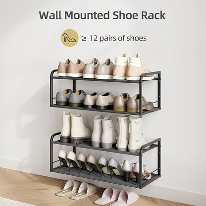 2 Pack Wall Mounted Shoe Rack, Carbon Steel Shoe Organizer with Removable Oxford Cloth, Non-Slip Space-Saving for Entryway Closet Bedroom, Black
