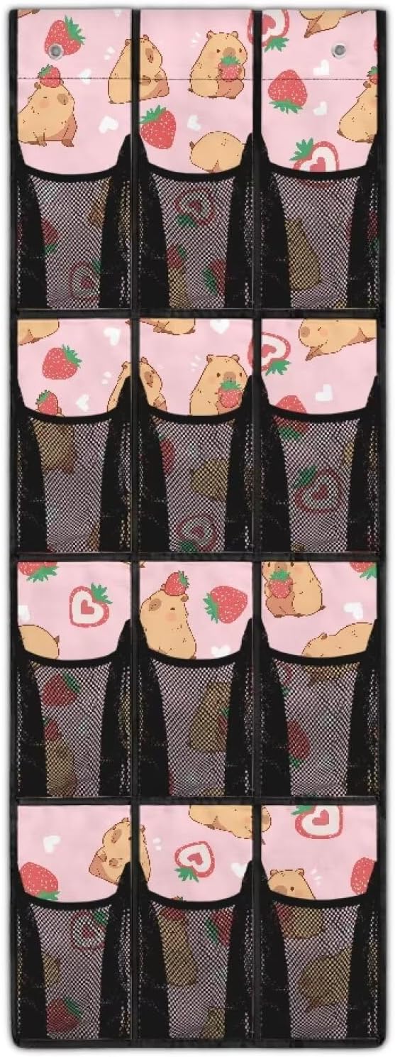 Strawberry Capibala Behind Door Organizer for Kids Room Mesh Fabric Door Hanging Shoe Organizer for Living Room,Easy to Install and Multi-Funtion Storage Bag