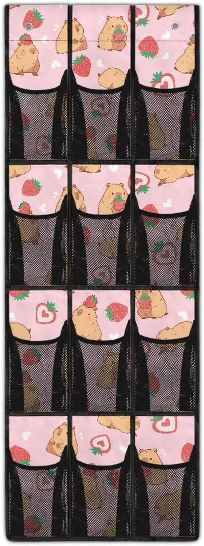 Strawberry Capibala Behind Door Organizer for Kids Room Mesh Fabric Door Hanging Shoe Organizer for Living Room,Easy to Install and Multi-Funtion Storage Bag