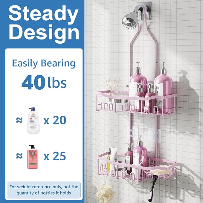 Shower Caddy, Upgraded Extended Length Shower Caddy Over Showerhead No Blocking to Shower Head, Rustproof Shower Organizer with Hooks Shampoo Soap Holder, Bathroom Large Hanging Shower Caddy