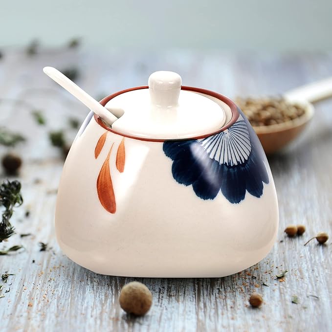 Zerodeko Ceramic Seasoning Jar with Spoon 10Oz Kitchen Spice Container for Salt Sugar Pepper Sauce Storage with Lid Elegant Design