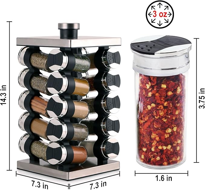 Orii 20 Jar Spice Rack with Spices Included & 5-Year Free Spice Refill Program - Tower Organizer for Kitchen Spices and Seasonings, (Silver Black)