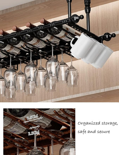 2-in-1 Industrial Wine Rack, 47.3" Adjustable Metal Pipe Wine Bottle Storage Rack with Glass Holders & Shelf, Space-Saving Vertical Installation for Kitchen Bar, Black