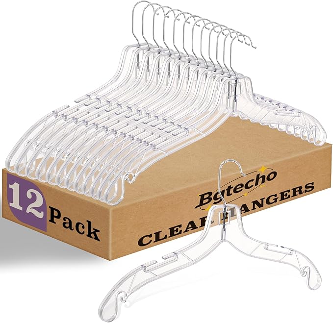 12 Pack Clear Plastic Hangers, 16.7 Inch Heavy Duty Hangers Clear Acrylic Hanger with 360 Swivel Metal Hook and Notches, Dress Hanger for Clothes Coat Shirts Dresses