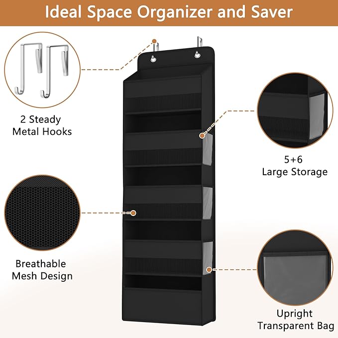 Kaitiemoo 1 Pack 5-Tier Over the Door Organizer, Heavy-Duty Large Deep Pocket Hanging With 5 Large Front & 6 Side Pockets With for Pantry, Kitchen, Bathroom, Dorm, Black
