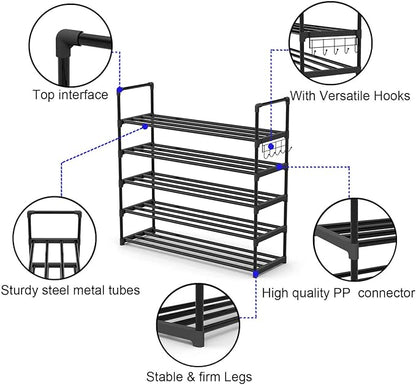 Hsscblet 5 Tiers Metal Shoe Rack,Adjustable Shoe Shelf Storage Organizer with Hooks,Stackable Boot & Shoe Storage,for Entryway,Hallway,Closet,Black