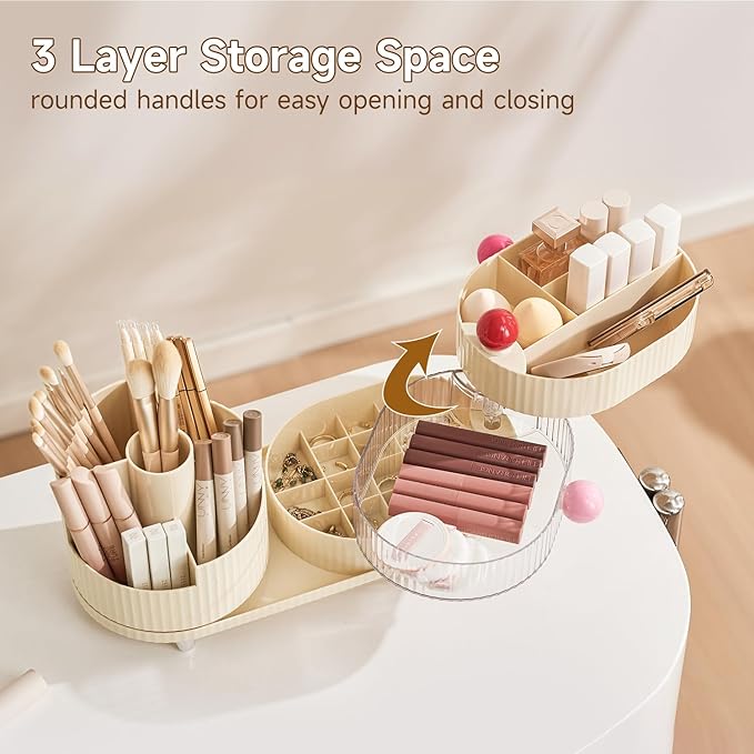 Makeup Organizer Countertop for Vanity with 360° Rotating Brush Holder, 3 Layer Cosmetic and Jewelry Storage, Makeup Display Case for Skincare&Perfume (Cream White)