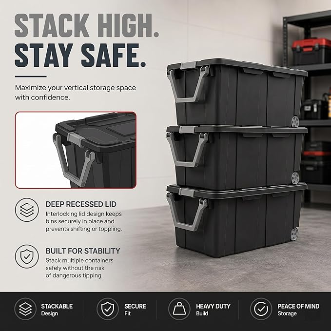 Extra Large 40 Gallon Wheeled Industrial Storage Bins, Heavy Duty Plastic Stackable Totes with Latch Lids and Pull Handle for Garage, Basement, and Moving, Dark Gray, 2 Pack