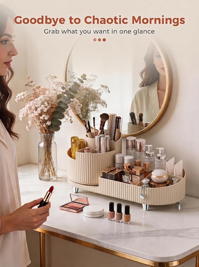 Booklov Rotating Makeup Caddy Organizer for Vanity, Large Capacity Cosmetic Display Case, Countertop Beauty Storage Holder for Skincare, Brush Eyeshadow Lipstick, Counter Desk Organization, Cream