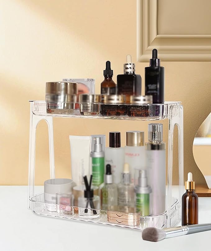 VNIMTI Skincare Organizers 2 Tier, Makeup Organizer Countertop, Cosmetic Display Cases, Makeup＆Skincare Organizer for Vanity, Desktop, Bathroon, Ideal for Women (Free Standing - Clear)