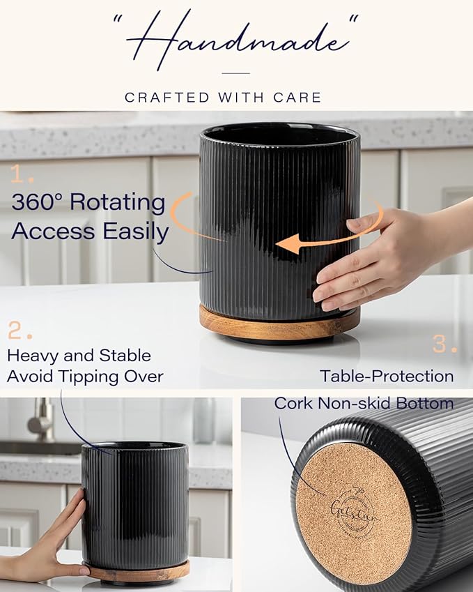 getstar Extra Large Rotating Utensil Holder for Kitchen Counter, 7.9" Ceramic Utensils Crocks Set for Countertop Large & Small Utensil Organizer for Spatula Farmhouse Kitchen Decor