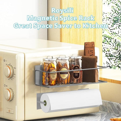 Magnetic Spice Rack For Refrigerator, Space Saving Magnetic Shelf For Fridge Grey 2 Pack With Magnetic Paper Towel Holder