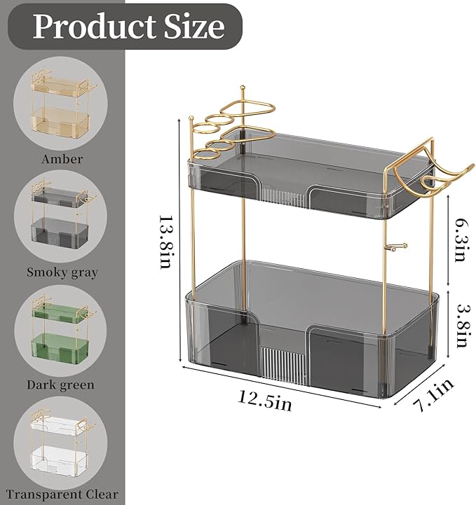 shuang qing 2 Tier Bathroom Counter Organizer with Hair Dryer Holder, Hair Tool Countertop Storage, Cosmetics Skincare Shelf, Makeup Organizer Perfume for Dresser Vanity Tray - Grey