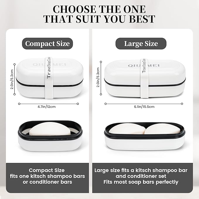 Shampoo Bar Holder Travel Case | Leakproof Soap Container with Lid & Drain Tray | Includes Silicone Strap and Soap Bag | Compatible with Kitsch Solid Shampoo and Conditioner Bars (White, Large)