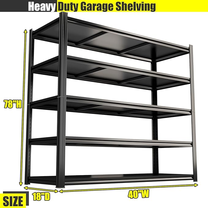 Heavy Duty Metal Garage Shelving Unit, 5 - Tier Adjustable Storage Shelves, 3000LBS Load Capacity Utility Shelf, Ideal for Garage, Basement, Warehouse, Pantry, Tool Organization, 40" W, Black