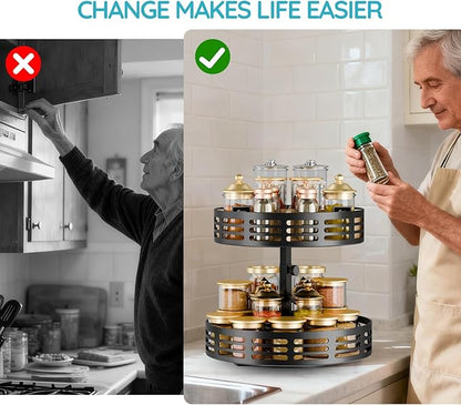 2 Tier Lazy Susan Organizer - 360° Rotating Spice Rack, Adjustable Industrial Spinning Spice Holder, Versatile Countertop Organizer for Cabinet, Pantry, Kitchen, Dining Table, Bathroom and Vanity