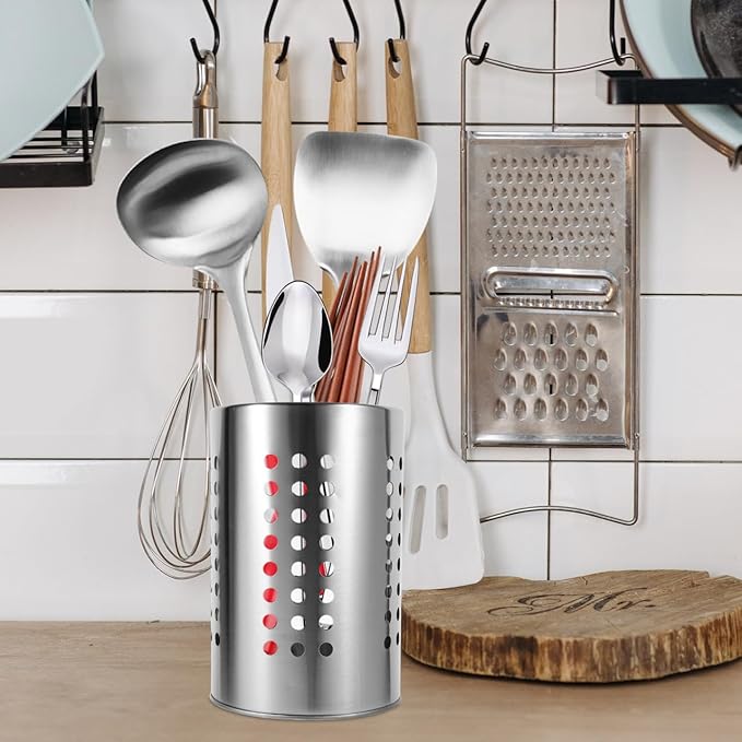 ULTECHNOVO Kitchen Utensil Holder with Drain Holes Stainless Steel Cutlery Organizer for Chopsticks Spoons Forks - 7X4.7 Inch Flatware Drying Rack for Countertop Storage