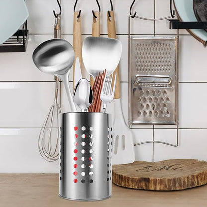 ULTECHNOVO Kitchen Utensil Holder with Drain Holes Stainless Steel Cutlery Organizer for Chopsticks Spoons Forks - 7X4.7 Inch Flatware Drying Rack for Countertop Storage