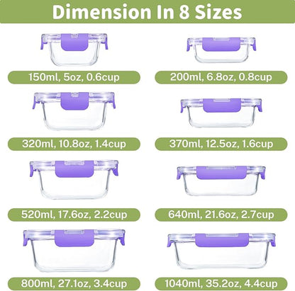 HOMBERKING 8 Pack Glass Food Storage Containers with Lids, Meal Prep Containers, Airtight Bento Boxes with Leak Proof Locking for Microwave, Oven, Freezer and Dishwasher, BPA Free, 5-35oz, purple