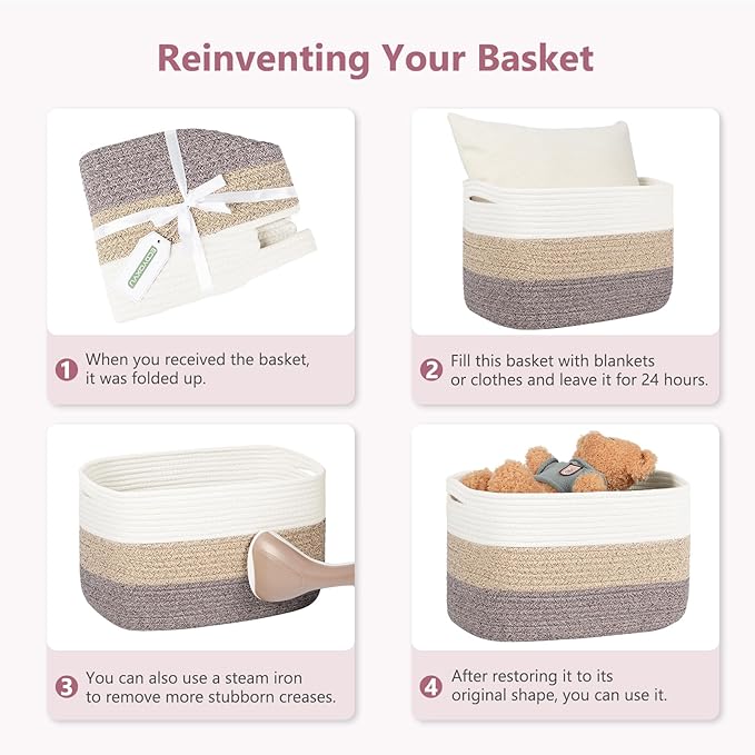ECDYQXVU Cotton Rope Shelf Storage Basket, 15x10x9 in, Shelf Storage Baskets for Clothes, Towels, Books, Laundry (White/ Pink, 2 Pack)