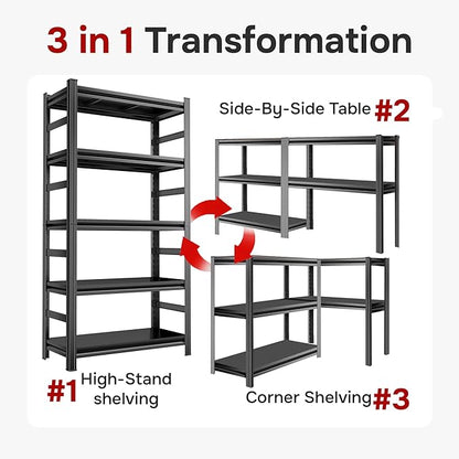 5-Shelf Heavy Duty Garage Shelving Unit, Metal Storage Shelves with Sides, 3000LBS, Adjustable Rack Organizer for Basement Closet Kitchen Pantry, Easy Assembly, Black, (72.3" H*47.2" W*23.6" D)