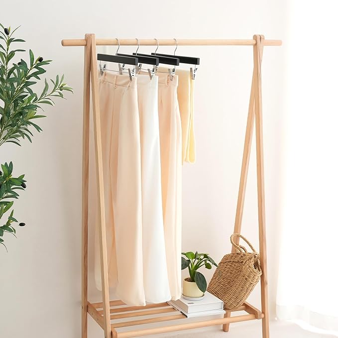 BAGAIL 20 Pack Wooden Pants Hangers with Adjustable Clips, 360°Swivel Hook Space Saving Skirt Holders with Anti-Rust Clips for Trousers, Jeans, Shorts (Black)