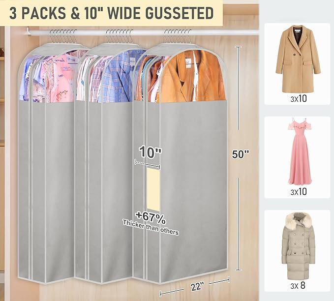 MISSLO 10" Gusseted Garment Bags for Hanging Clothes 50" Long Dress Bags for Closet Storage Dress Cover for Suits, Coats, 3 Packs, Grey