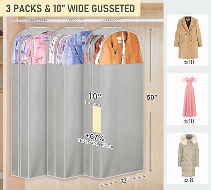 MISSLO 10" Gusseted Garment Bags for Hanging Clothes 50" Long Dress Bags for Closet Storage Dress Cover for Suits, Coats, 3 Packs, Grey
