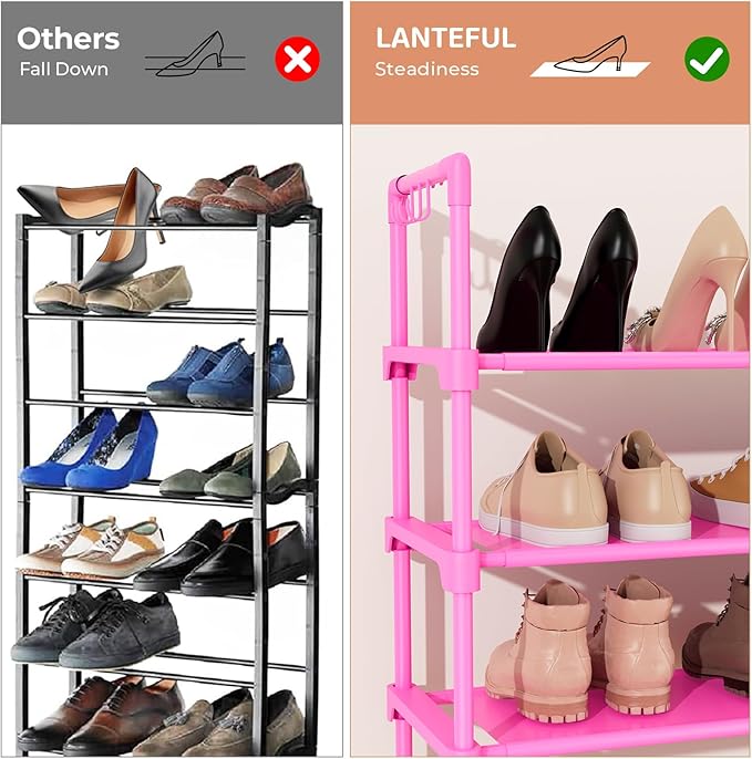 LANTEFUL 3 Tier Shoe Rack for Closet, Shoe Organizer with 5 Hooks, Long Shoe Shelf Storage for Shoe and Boot Stackable Free Standing Shoe Rack for Entryway, Garage, Small Spaces, Dorm, Pink