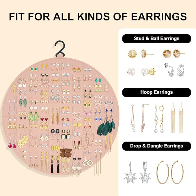 Earring Organizer, Hanging Earring Holder Holds Up to 128 Pairs, Stud Earring Organizer Storage, Round Earring Display Earring Holder Organizer for Women Girls-Pink A
