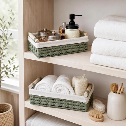 Green Wicker Bathroom Baskets Set of 2 with Linen Liner & Wooden Handles – Sage Green Paper Rope Storage Baskets for Shelves, Bathroom Counter & Spa Décor
