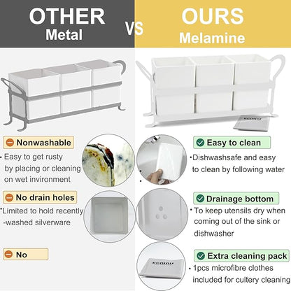ECOIOU Cutlery Holder with Drain Holes, Silverware Caddy for Party, kitchen counter, 3pcs Bins Set Countertop Utensil Holder for Spoons, Forks and Knives, White