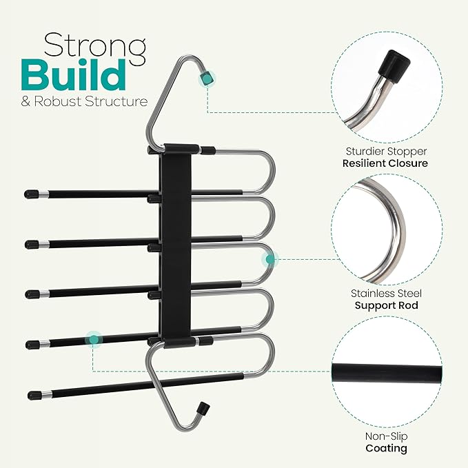 Utopia Home Pants Hangers, Space Saving 2 Pack Black Foldable Hangers with Clips for Clothes, Pants, Jeans, Skirts and Scarves, S-Type Stainless Steel Hook, Anti-Slip Hanger for Closet Organization