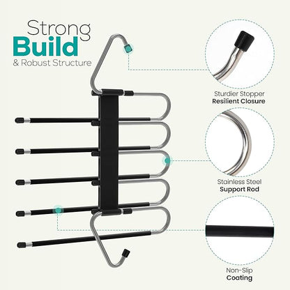 Utopia Home Pants Hangers, Space Saving 2 Pack Black Foldable Hangers with Clips for Clothes, Pants, Jeans, Skirts and Scarves, S-Type Stainless Steel Hook, Anti-Slip Hanger for Closet Organization