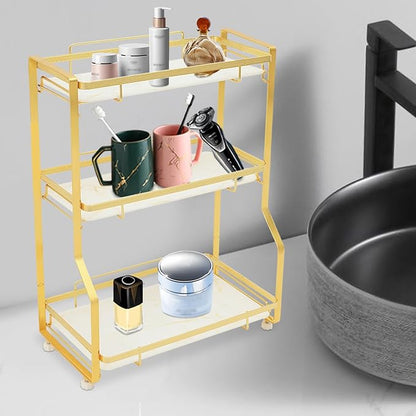 3 Tier Bathroom Countertop Organizer, Gold Bathroom Vanity Counter Organizer with Small Storage Basket for Skincare Makeup Perfume (White)