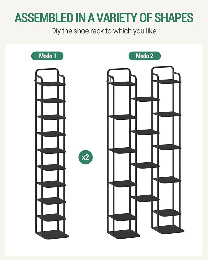 Hzuaneri Vertical Shoe Rack, Shoe Shelves, Wood Shoe Organizer for Closet, Entryway, Shoe Tower for Small Spaces, Free Standing, Adjustable, with 2 Hooks, 10 Tier Black SR11204B