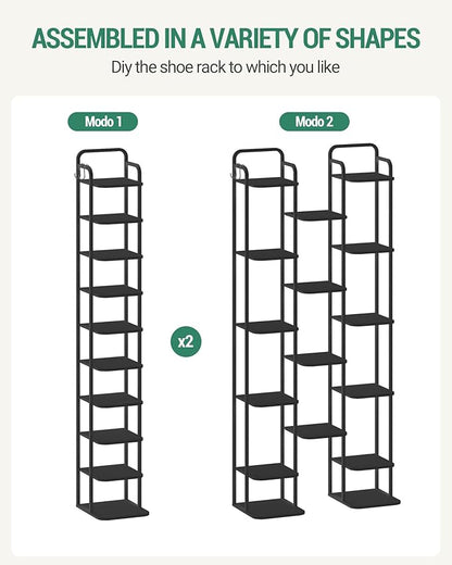 Hzuaneri Vertical Shoe Rack, Shoe Shelves, Wood Shoe Organizer for Closet, Entryway, Shoe Tower for Small Spaces, Free Standing, Adjustable, with 2 Hooks, 10 Tier Black SR11204B
