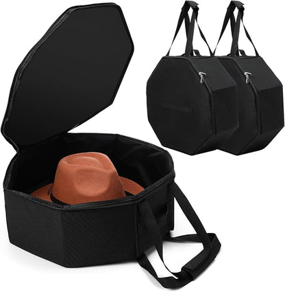 Wonderjune 2 Pcs Cowboy Hat Box for Storage Collapsible Sturdy Cowboy Hat Case with Handle for Men and Women Travel Storage Organizer Large Cap Bag for Closet(Black)