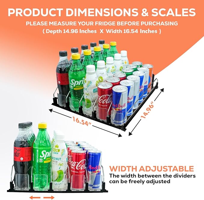Drink Organizer for Fridge. Upgraded Drink Holder for Fridge with Larger Stopper Height. Width Adjustable Automatic Soda Can Organizer with Lock. Holds 25 Cans (5 Rows, Black)