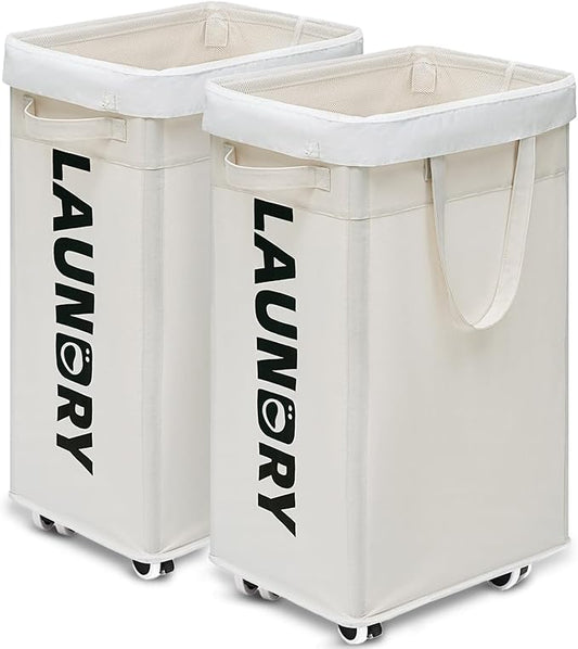 Goodpick Laundry Baskets with Wheels and Handle, 2-Pack 75L Collapsible Laundry Baskets, Clothes Laundry Basket with Removable Wash Bags for Corner Dorm, White Rolling Laundry Hamper