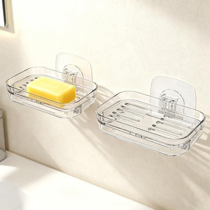 Soap Dish for Shower Wall Mounted, Soap Bar Holder Self Draining, Strong Adhesive Mount Soap Saver Sponge Holder for Bathroom Bathtub Kitchen Sink, Clear